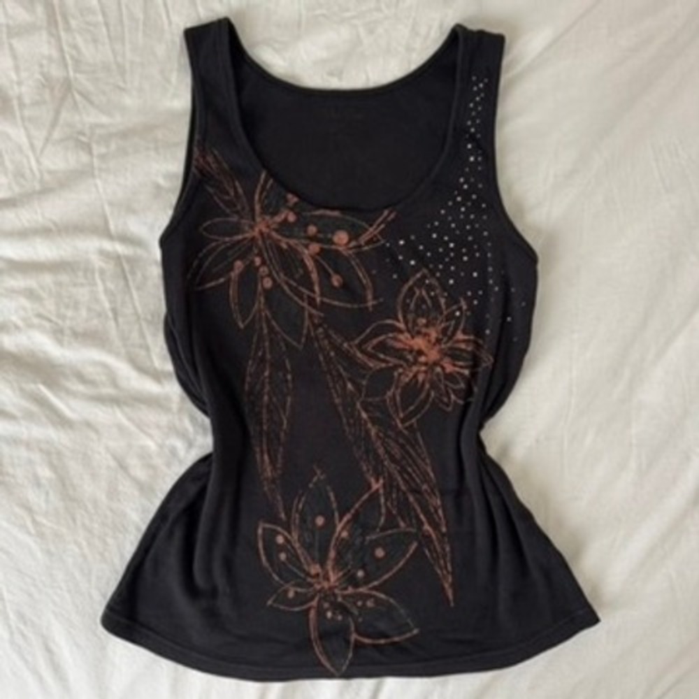 Faded Glory Black tank top with sparkly brown floral design and rhinestones